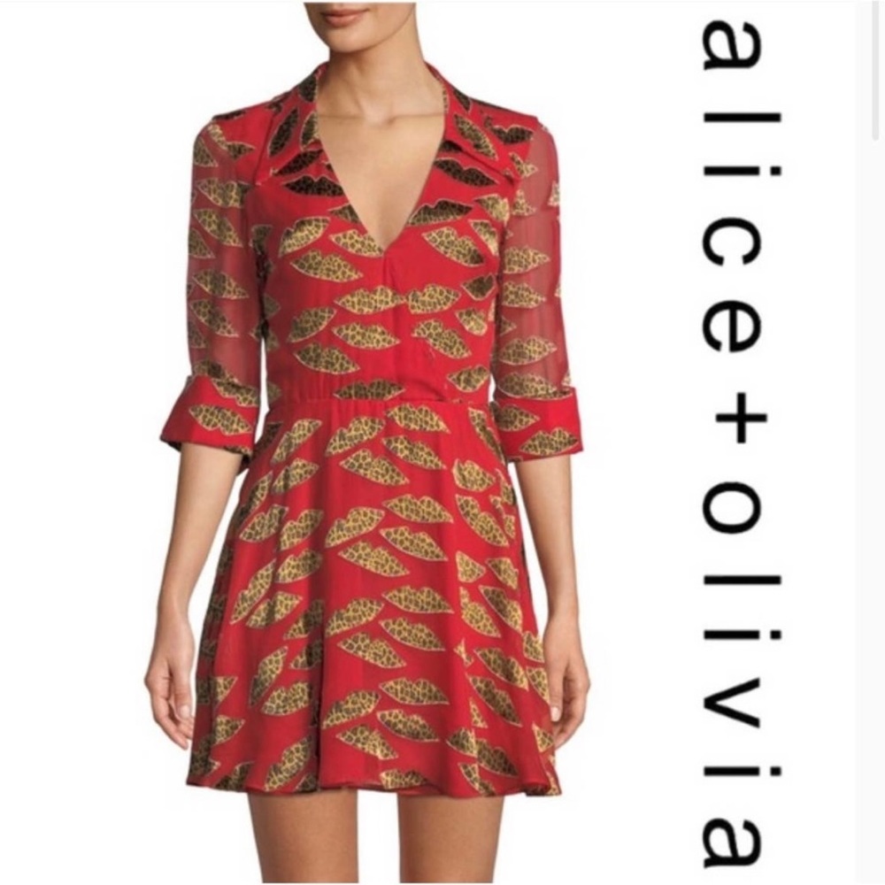Alice + Olivia x Donald Robertson Catina Faux-Wrap Cheetah Lips Dress
